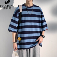 富貴鳥（FUGUINIAO）慵懶風(fēng)日系條紋t恤短袖男款夏季美式復(fù)古藍(lán)寬松大碼潮牌潮流半袖 藍(lán)條 M