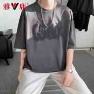 雅鹿短袖T恤男純棉夏季男裝潮流港風寬松半袖上衣閑潮牌半截袖體恤 T261深灰色 3XL 【建議體重180-200斤】