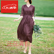 夏典素訂女王（SE.PSTP）復(fù)古文藝V領(lǐng)棉麻連衣裙女2024夏季寬松顯瘦系帶收腰純色氣質(zhì)長(zhǎng)裙 紅褐色 M 【80-115斤】