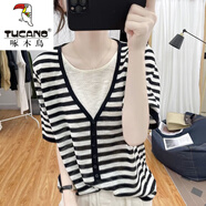 啄木鳥(niǎo)（TUCANO）冰絲短袖T恤女2025夏季V領(lǐng)假兩件針織韓版寬松減齡上衣套頭空調衫 黑白條紋 2XL (建議125-140斤)