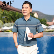 鹿竹爸爸夏裝純棉短袖t恤中年男士休閑polo衫中老年男裝夏季口袋上衣 藍色 XL