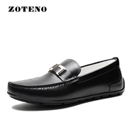 左天奴（ZOTENO）男鞋休閑皮鞋樂(lè)福鞋男一腳蹬鞋子豆豆鞋5913 光面黑色5913-2無(wú)鉻鞣款 37
