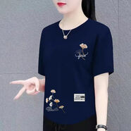 裝中老年短袖t恤女寬松大碼女裝半袖體桖衫洋氣減齡上衣 78下印藏藍色【銀杏葉-上下】 3XL