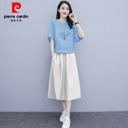 皮爾卡丹（pierre cardin）棉麻裙套裝女2025夏季裝新款時(shí)尚短袖T恤顯瘦減齡大尺碼媽媽兩件 藍色+米色 M 建議85-100斤