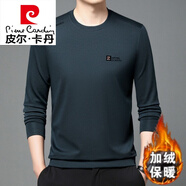 皮爾卡丹（pierre cardin）男士純棉圓領(lǐng)長(cháng)袖T恤春秋款中年寬松休閑百搭加絨加厚打底衫 902哈青 加絨 M 165 建議120斤以下