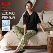 貓人（MiiOW）女士睡衣女涼感棉柔短袖花卉長(zhǎng)褲休閑家居服垂感透氣可外穿套裝 黑色+綠色滿(mǎn)印 L (165) 100-120斤
