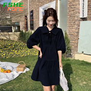 FSHE娃娃領(lǐng)連衣裙女2025夏季寬松復(fù)古燈籠泡泡袖小個子仙女裙子潮 黑色 S 建議（80-100斤）