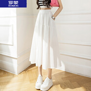 羅蒙（ROMON） 白色半身裙女夏季2022新款時(shí)尚百搭a字中長(cháng)裙高腰顯瘦遮跨大擺裙 白色 S