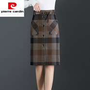 皮爾卡丹（pierre cardin）女式潮一步短裙新款毛呢初春夏包臀格子2025中長款半身裙子春秋 卡其色17款 后腰松緊款無皮帶 S 85-94斤