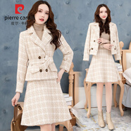 皮爾卡丹（pierre cardin）2024秋冬季新款韓版休閑套裝女氣質(zhì)時(shí)尚毛呢外套女兩件套套裝裙子 米白兩件套 M （80-100斤）