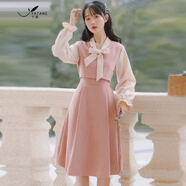 源夫人文藝復古蝴蝶結假兩件少女長(cháng)袖連衣裙學(xué)生2026春秋新款仙女裙 粉紅色 S
