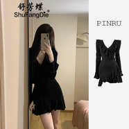 舒芳蝶（shufangdie）純欲風(fēng)辣妹性感針織連衣裙女裝2025春新款荷葉邊包臀修身小黑裙子 黑色短裙 S