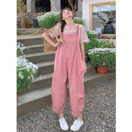 雷黛茜粉色甜酷減齡工裝背帶褲套裝女夏天2025新款韓版減齡學(xué)院風(fēng)連體褲 條紋上衣+背帶褲(兩件套) M