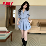 愛麥依美拉藍(lán)穿搭條紋襯衫打底連衣裙子女春季2025新款春裝內(nèi)搭掐腰短裙 條紋連衣裙【無腰帶】 M 95-105斤