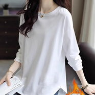 ANGEL MOOD歐貨白色t恤女長(cháng)袖今年新款疊穿內搭遮屁股中長(cháng)款打底衫春裝T恤 純白(加絨款) M