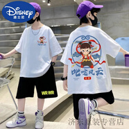 迪士尼（Disney）純棉短袖套裝卡通動漫魔童哪吒夏季中大童男孩寬松百搭潮流印花 純棉-白色套裝(HL-19066套裝) 110 cm(30-35斤)