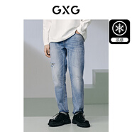 GXG男裝  經(jīng)典直筒破洞水洗牛仔褲涼感休閑褲百搭褲子2024夏季 淺藍(lán)色 3XL