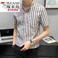 啄木鳥（TUCANO）條紋襯衫男士短袖潮流休閑襯衣夏季男裝半袖修身百搭口袋透氣襯衫 黃色 1635#(條紋襯衫) M