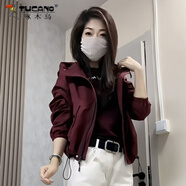 啄木鳥(niǎo)2025安可拉紅外套寬松秋季時(shí)尚百搭新款外穿連帽沖鋒衣短款夾克潮 深紅色 雙層高品質(zhì) S 建議90斤左右