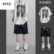 KTCZ短袖t恤套裝男生夏季潮流寬松一套搭配男裝痞帥氣牛仔短褲兩件套 白色短袖+男裝短褲黑 2XL