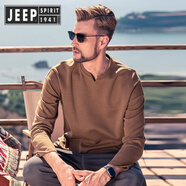 JEEP SPIRIT吉普300厚實(shí)重磅男士長(zhǎng)袖恤領(lǐng)寬松純色體恤美式打底衫春秋季上衣 【小V領(lǐng)】焦糖色5783 S (95-110斤)