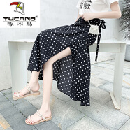 啄木鳥(niǎo)（TUCANO）大波點(diǎn)紅色半身裙女2025春夏新款一片式裹裙碎花A字裙雪紡長(zhǎng)裙子 小黑波點(diǎn) 均碼