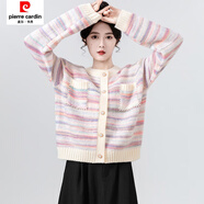 皮爾卡丹粉色條紋針織開衫女春秋新款圓領(lǐng)小香風毛衣外套氣質(zhì)短款別致上衣 粉條紋 S 【80斤以下】