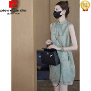 皮爾卡丹（pierre cardin）新中式改良旗袍連衣裙女夏季高級感氣質(zhì)重工繡花無袖立領(lǐng)背心裙子 綠色刺繡連衣裙 XL 【120-130斤】