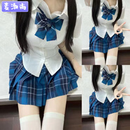 麥潮尚jk套裝百褶裙制服收腰襯衫女夏季森系修身襯衣上衣學(xué)院風(fēng)半身裙女 格子藍色+白襯衫+送領(lǐng)結【套裝】 L 【建議90-105斤】