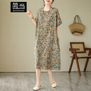 簡(jiǎn)當（JIANDANG）大碼女裝夏季胖MM文藝印花寬松顯瘦過(guò)膝中長(cháng)款媽媽氣質(zhì)連衣裙216 淺咖色 均碼 【180斤以下】