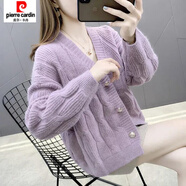 皮爾卡丹（pierre cardin）慵懶風(fēng)外穿時(shí)尚針織衫初秋上衣新款秋冬季麻花毛衣開衫外套女寬松 紫色 【關(guān)注店鋪優(yōu)先發(fā)貨】 M 90-105斤