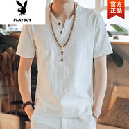 花花公子（PLAYBOY）冰絲短袖t恤男夏季薄款亞麻半袖上衣大碼V領男士寬松男裝棉麻體恤 白色袖短 M