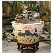 德克邦（DEKEBAG）大型陶瓷流水魚(yú)缸水缸陽(yáng)臺造景水循環(huán)魚(yú)缸辦公室客廳養魚(yú)缸落地缸 磨砂紅荷花大號直徑63cm+功夫小子+8 磨砂+