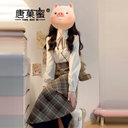 唐菓蜜新款連衣裙女2025早春季女裝韓系時尚減齡甜美學(xué)院風(fēng)襯衣套裝裙子 杏色襯衣+格紋裙子 M