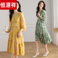 恒源祥夏裝新品高貴仙女裙女裝連身裙連衣裙女士氣質(zhì)黃收腰女衣輕奢洋氣 黃色 S