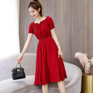月袖大碼女裝一字肩雪紡連衣裙女2025夏季新款小心機收腰顯瘦中長(cháng)款裙 酒紅色 3XL 145-160斤