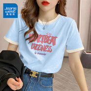 真維斯（JEANSWEST）t恤女夏季裝新款純棉短袖上衣服女裝寬松撞色休閑慵懶風正肩半袖 天藍 心跳性眩暈 L