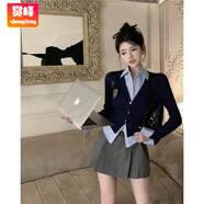 賞峰美式復(fù)古套裝女甜辣襯衫上衣秋季百褶半身裙學(xué)院風(fēng)裙子辣妹兩件套 灰色短 M
