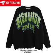 KUCLUTXPKAEAX原創(chuàng  )潮牌歐美復古寬松針織衫嘻哈hiphop男女休閑毛衣 黑色 M80-130斤