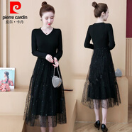 皮爾卡丹（pierre cardin）大碼遮肚波點(diǎn)網(wǎng)紗裙2025新款韓版長袖中長款打底裙修身連衣裙女 黑色 M :(建議80-100斤)