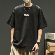 LeoHan短袖男士夏季休閑重磅純棉t恤男生日系潮牌男裝體恤半袖上衣服 黑色 XL （建議150-170斤）