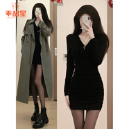 乖甜星小媽包臀連衣裙女秋季風(fēng)衣內搭緊身黑色短裙子修身穿搭性感打底 黑色/打底強烈戰裙 M 90-105斤