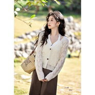 歐芙倫（Oufulun）法式針織開(kāi)衫女2025早春新款甜美V領(lǐng)菱格鏤空罩衫上衣女 米白色 S