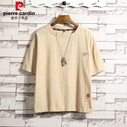 皮爾卡丹（pierre cardin）棉麻v領(lǐng)t恤男中國風(fēng)復(fù)古水洗亞麻七分袖胖子大碼夏季半袖體恤青年 雨麻本 XL