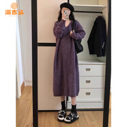 派吉鯊紫色法式針織連衣裙女秋冬裝2025新款感慵懶風(fēng)加厚毛衣長裙子 紫色 S 建議80-95斤