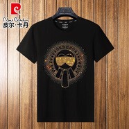 皮爾卡丹（pierre cardin）歐洲站夏季男士燙鉆短袖t恤男潮流半袖修身精神小伙大碼潮牌針織 老佛爺-黑色 S 建議85-100斤
