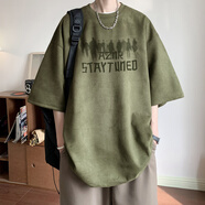 閃爆復(fù)古重磅男款短袖T恤2025新款美式潮牌高街寬松麂皮絨體 軍綠色 M