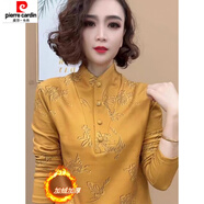 皮爾卡丹（pierre cardin）時(shí)尚立領(lǐng)斜扣印花加絨打底衫女秋冬新款媽媽國風(fēng)百搭顯瘦保暖上衣 黃色 立領(lǐng) 6XL (建議150-160斤)