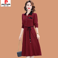 皮爾卡丹（pierre cardin）中老年女裝春秋新款長(zhǎng)袖連衣裙氣質(zhì)媽媽秋裝中長(zhǎng)款襯衫領(lǐng)裙子顯瘦 紅色 XL (參考90-105斤)