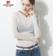 皮爾卡丹（pierre cardin）黑色網(wǎng)紗打底衫性感透明紗網(wǎng)上衣女防曬服長(cháng)袖T恤蕾絲衫新款內搭 白 M